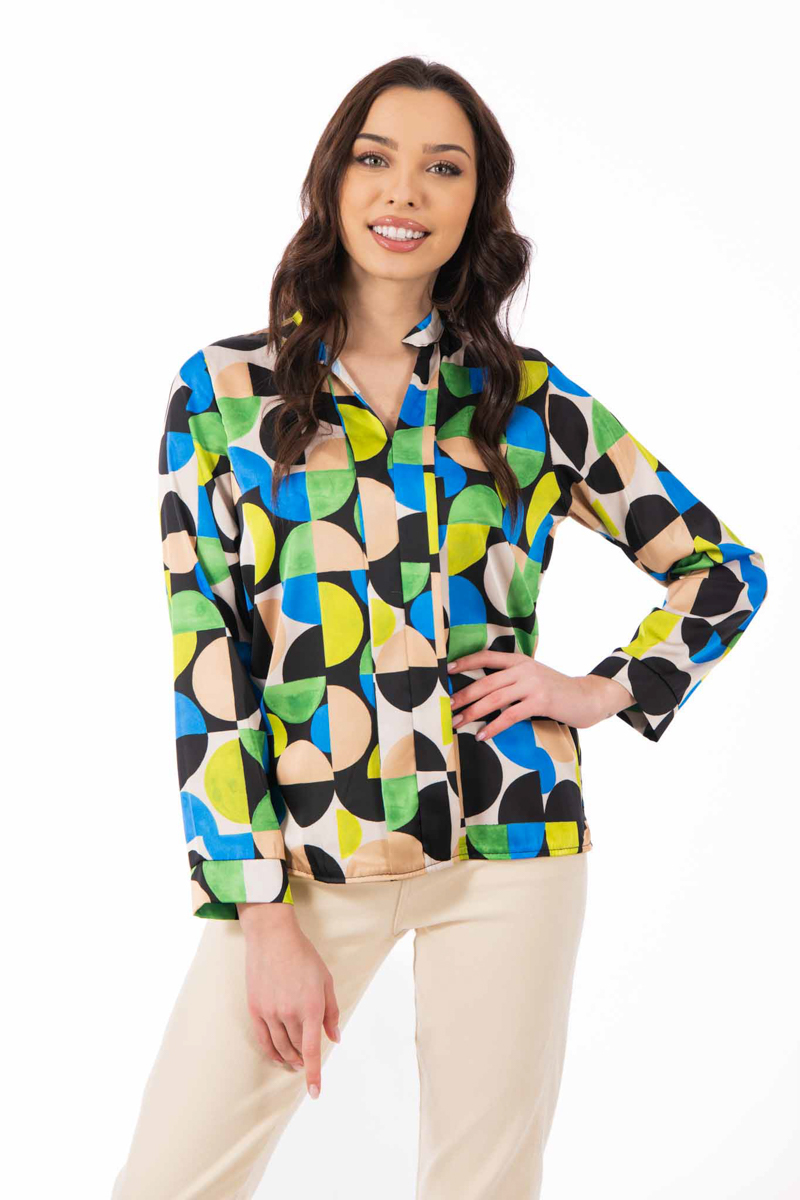 Дамска сатенирана блуза с принт многоцветни кръгове