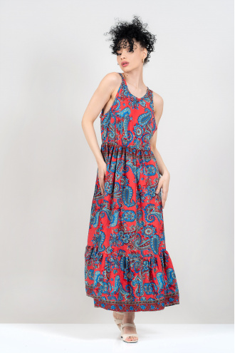 Дълга копринена рокля в червено със син етно принт