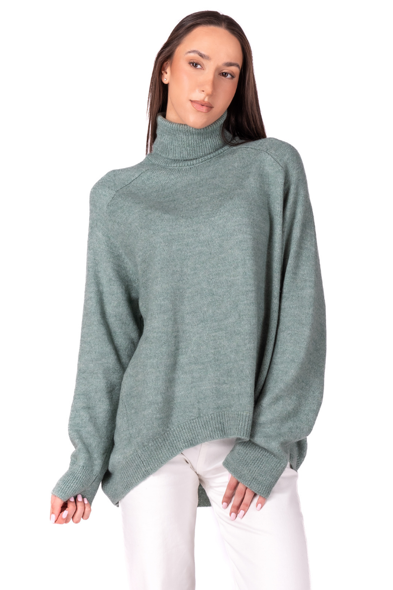 Дамски оувърсайз пуловер в ментово зелено с поло яка