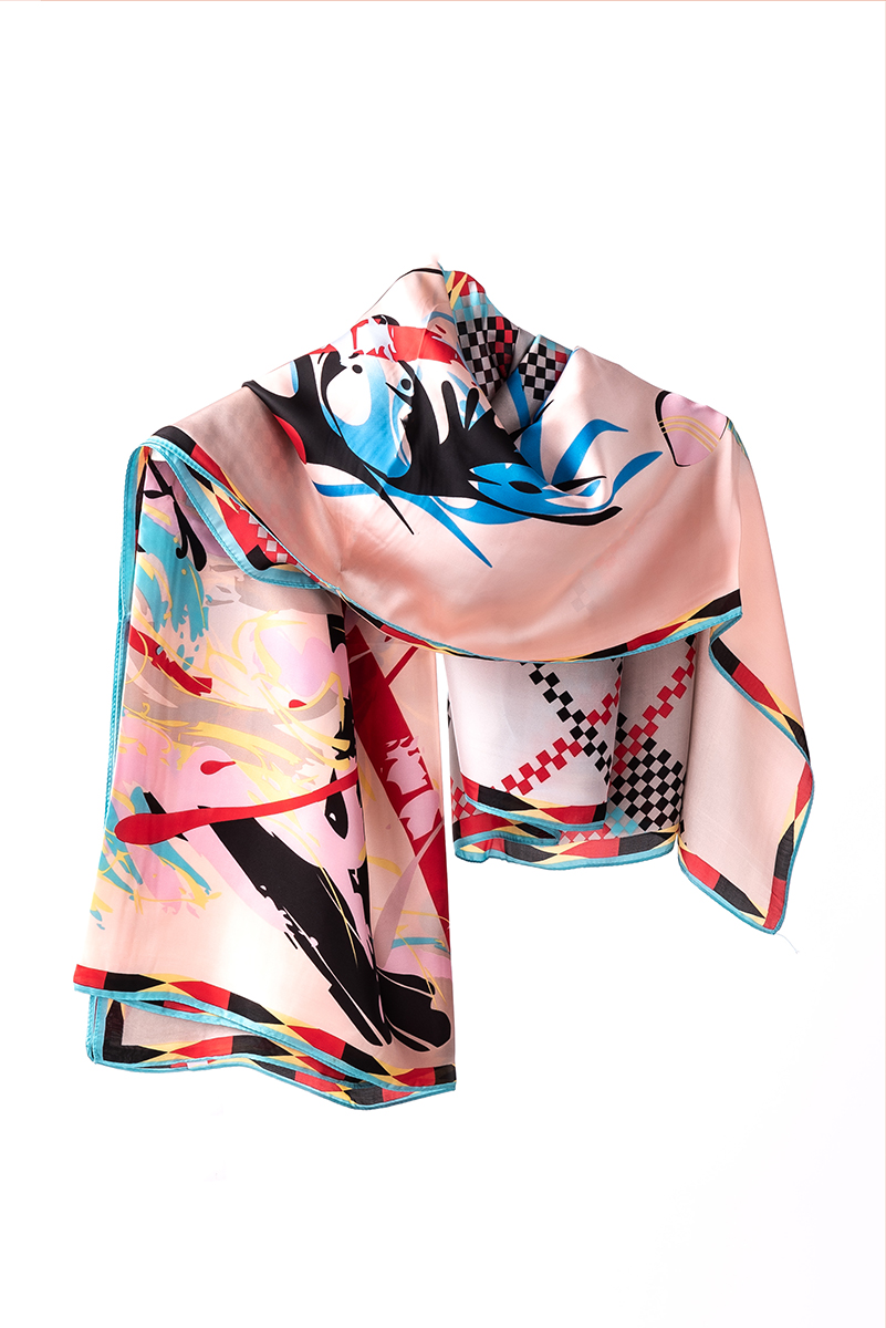 Дамски ефирен шал с коприна в розово синьо и сиво