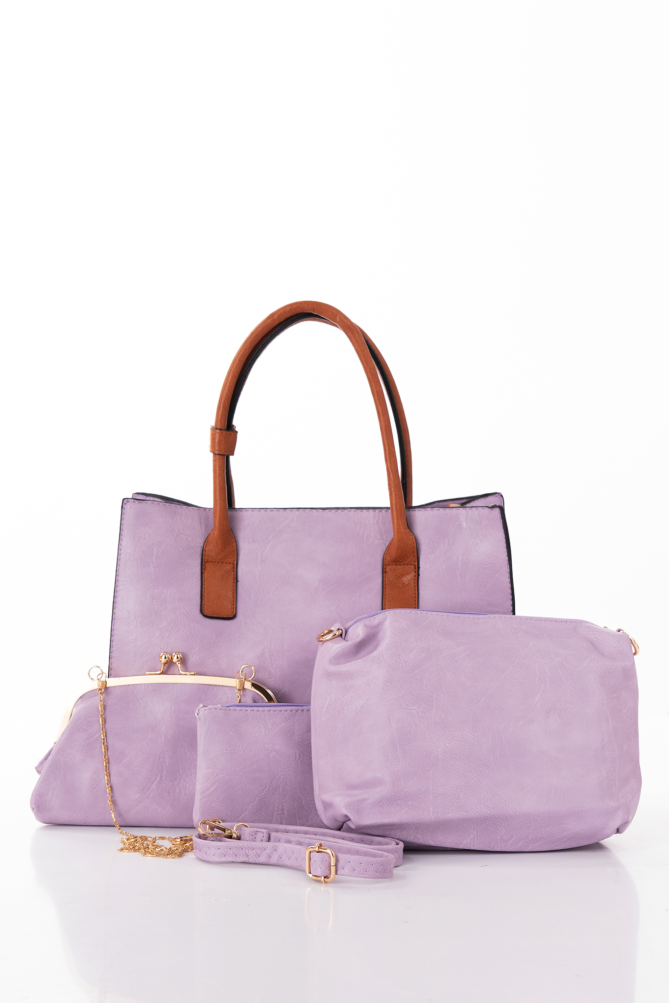 Дамска чанта 4в1 в лилаво с кафява дръжка