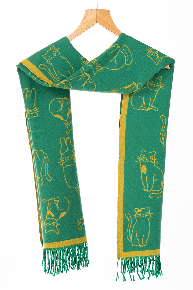 Дамски двулицев шал с кашмир в зелено и жълто с принт котки