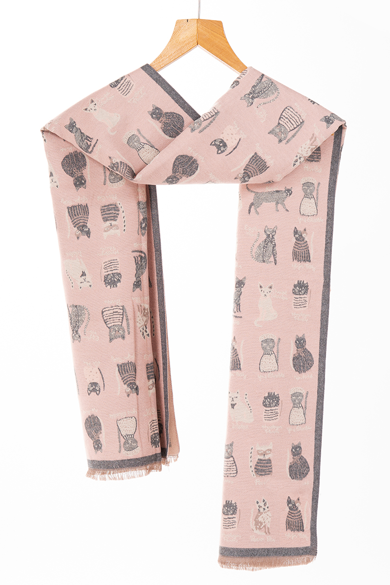 Дамски двулицев шал в розово и сиво с принт котки