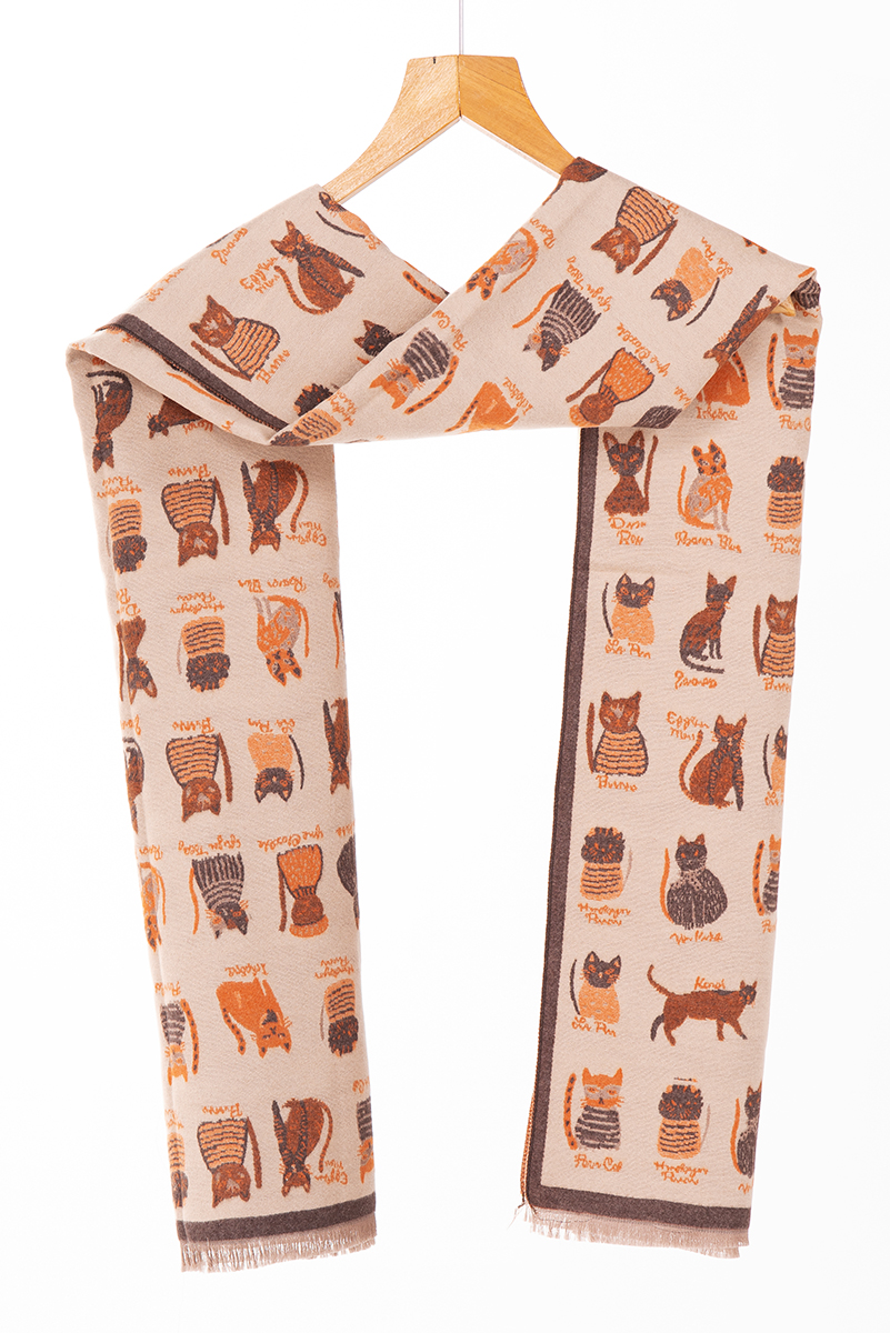 Дамски двулицев шал в бежово и оранжево с принт котки