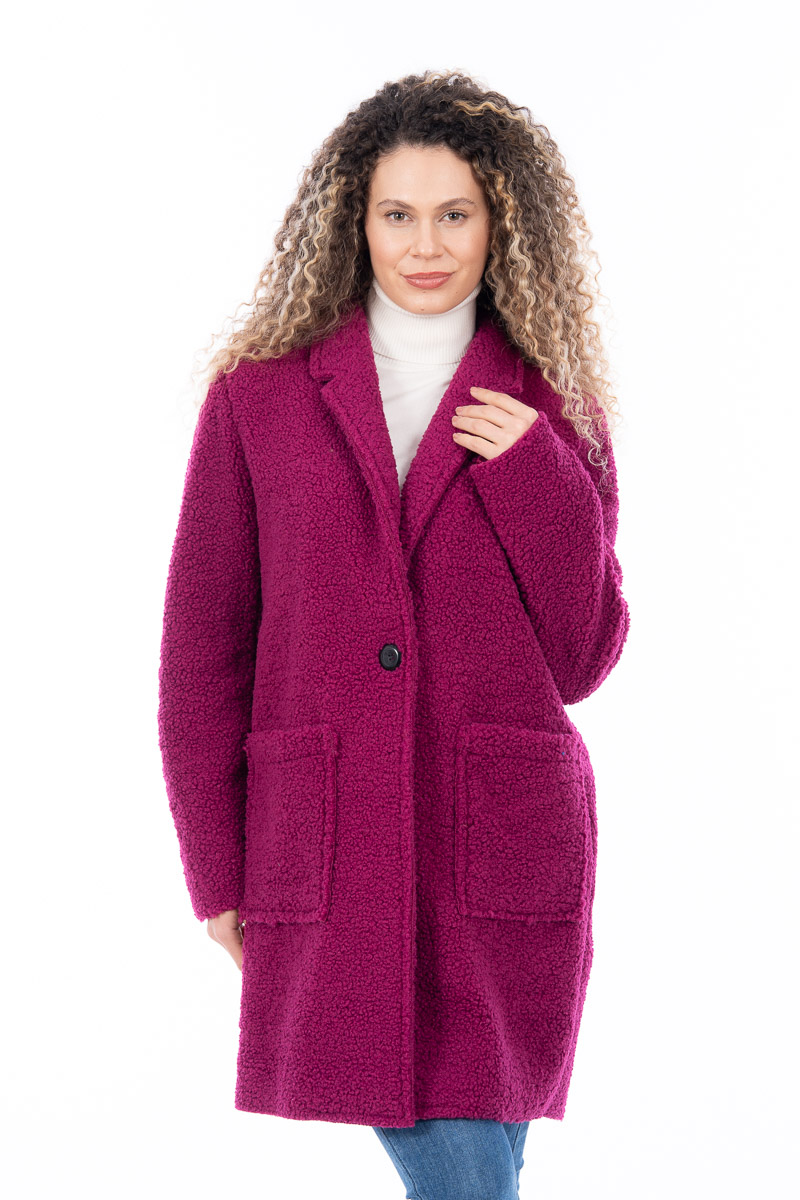 Дамско пухкаво палто в цвят лилава циклама