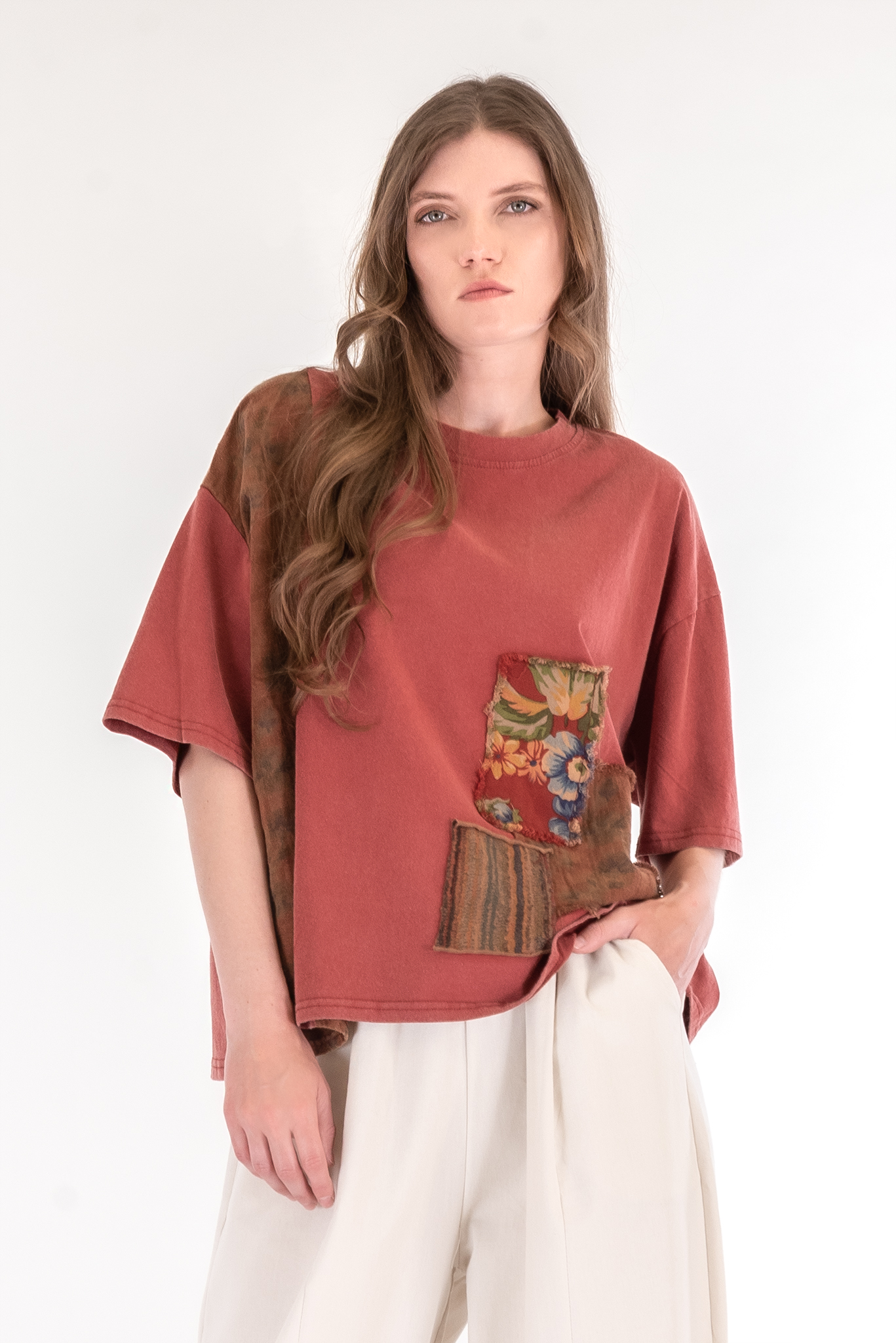 Дамска оувърсайз блуза в керемидено червено с винтидж ефект