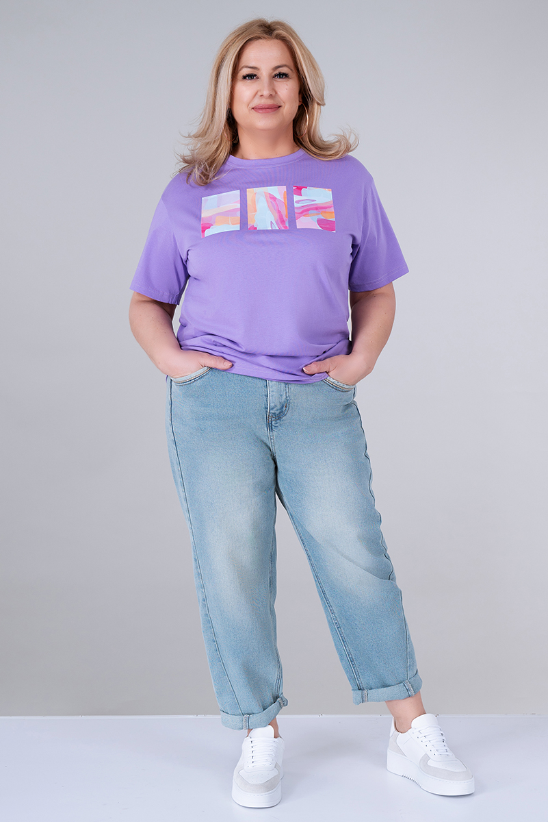 МАКСИ тениска от памук в лилаво с щампа правоъгълници с акварелен принт